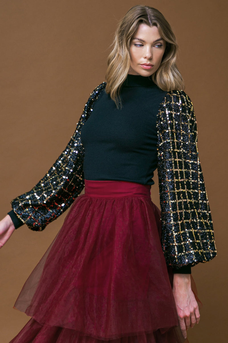 Sequin Sleeve Mock Neck Sweater