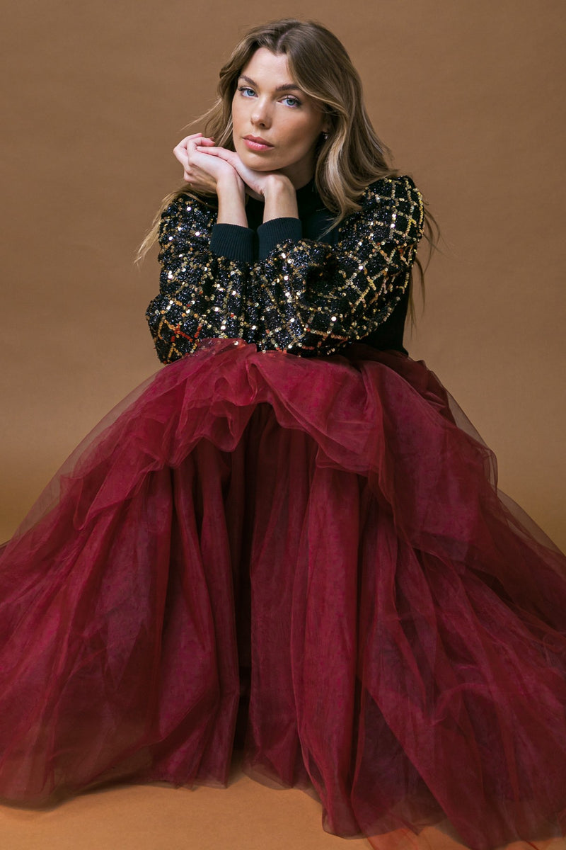 Sequin Sleeve Mock Neck Sweater