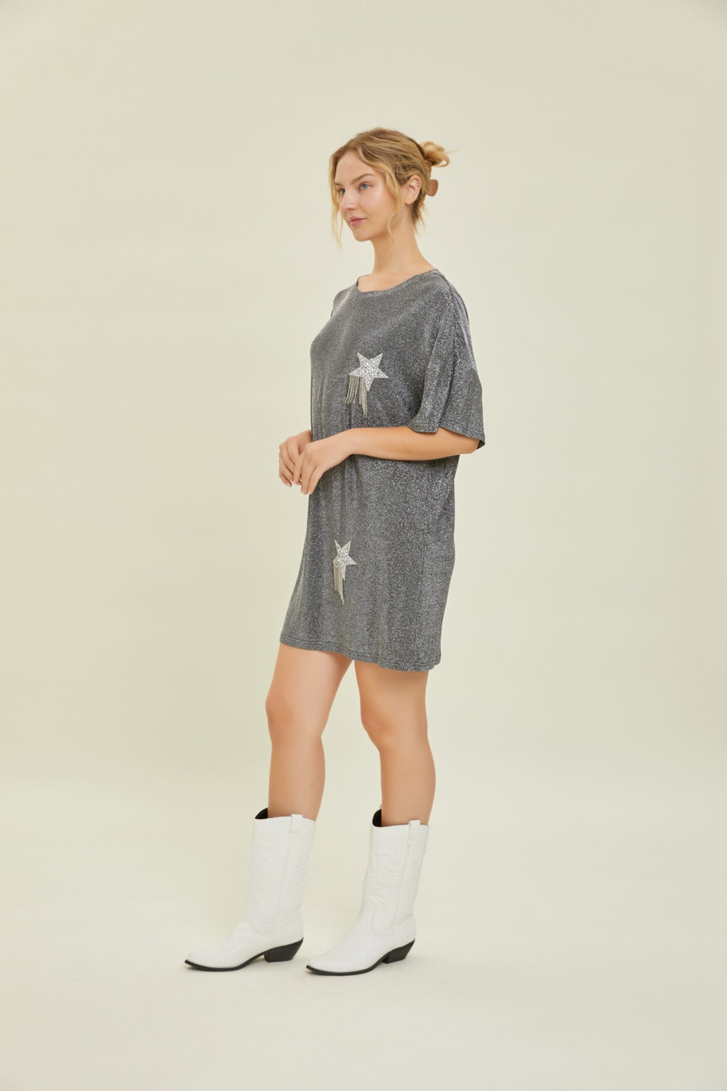 Rhinestone Star Detail Lurex T-Shirt Dress