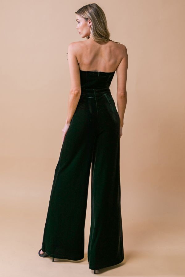Faux Feather Trim Strapless Velvet Jumpsuit