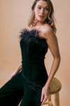 Faux Feather Trim Strapless Velvet Jumpsuit