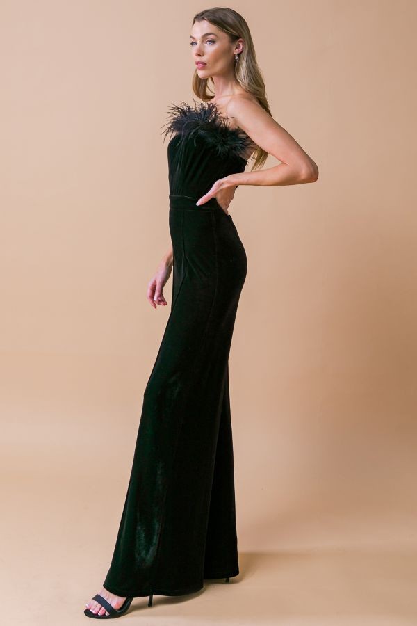 Faux Feather Trim Strapless Velvet Jumpsuit