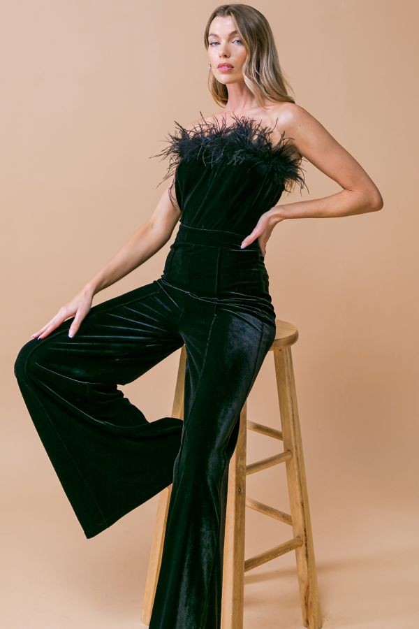 Faux Feather Trim Strapless Velvet Jumpsuit