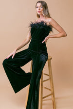 Faux Feather Trim Strapless Velvet Jumpsuit