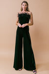 Faux Feather Trim Strapless Velvet Jumpsuit