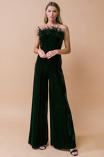 Faux Feather Trim Strapless Velvet Jumpsuit