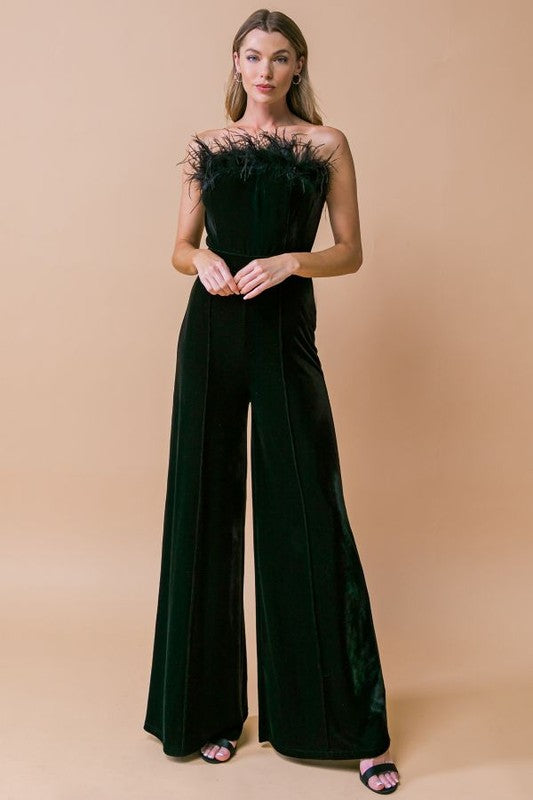 Faux Feather Trim Strapless Velvet Jumpsuit