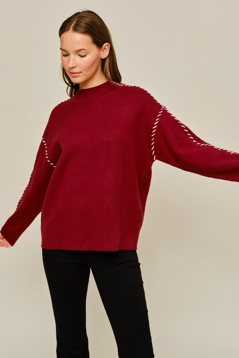 Contrast Stitch Accent Mock Neck Sweater (Burgundy)