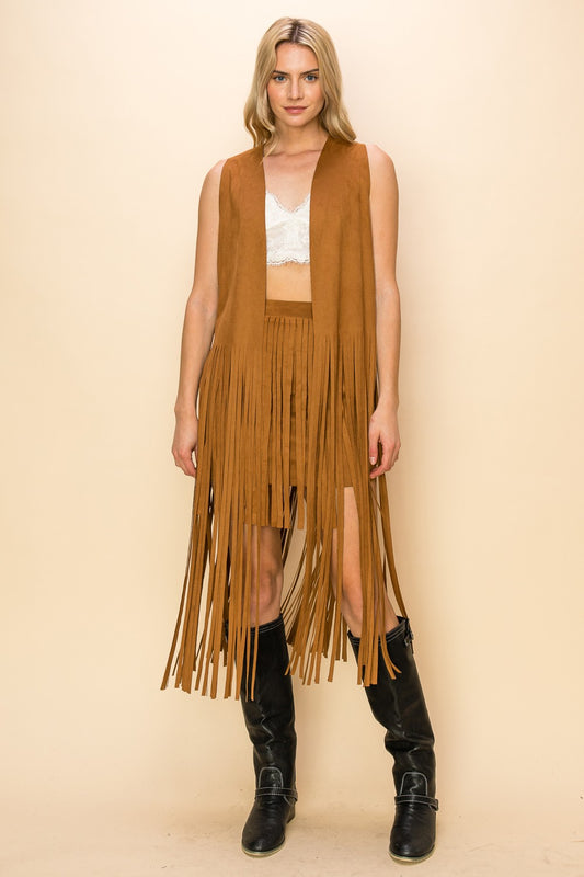 Long Fringe Sleeveless Suede Vest (Camel)