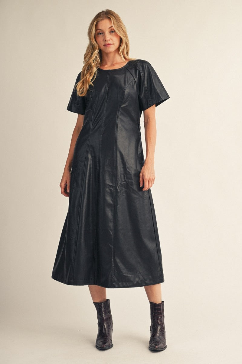 Waist Tie Faux Leather Midi Dress