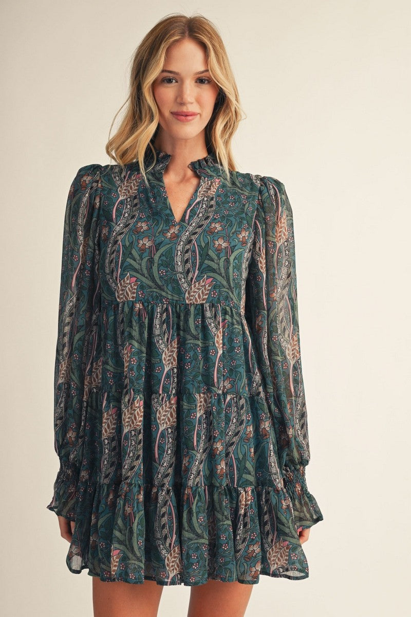 Puff Sleeve Fall Floral Chiffon Dress