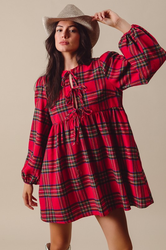 Red Plaid Front Tie Long Sleeve Dress
