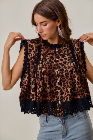Floral Eyelet Trim Sleeveless Leopard Print Blouse