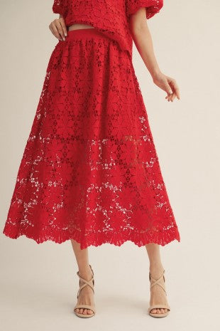 Scallop Hem Elastic Waist Midi Skirt