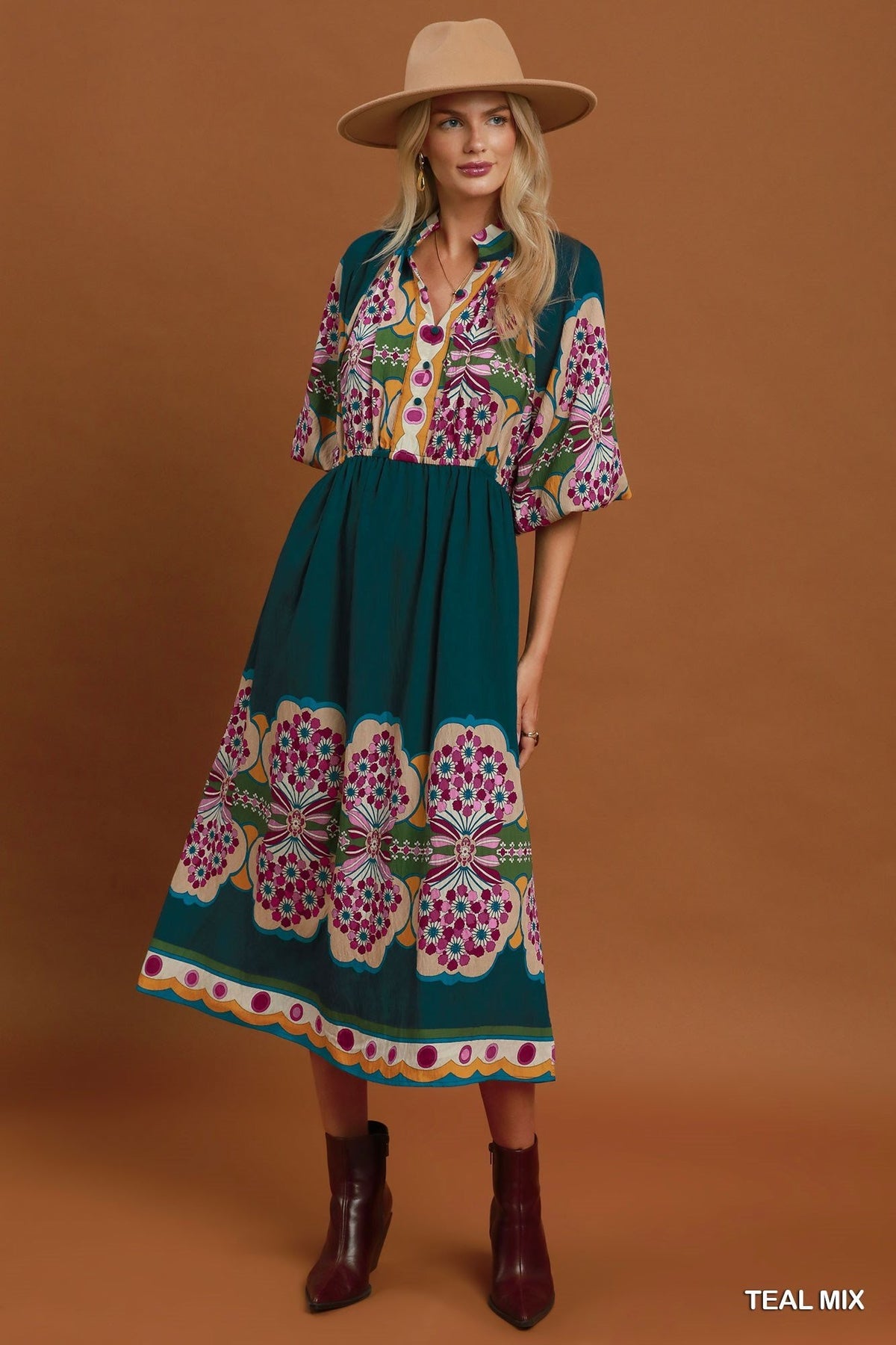 Boho Floral Border Print Midi Dress