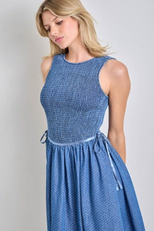 Denim Smocked Bodice Midi Dress w/ Ribbon Ties (XS - 3XL)