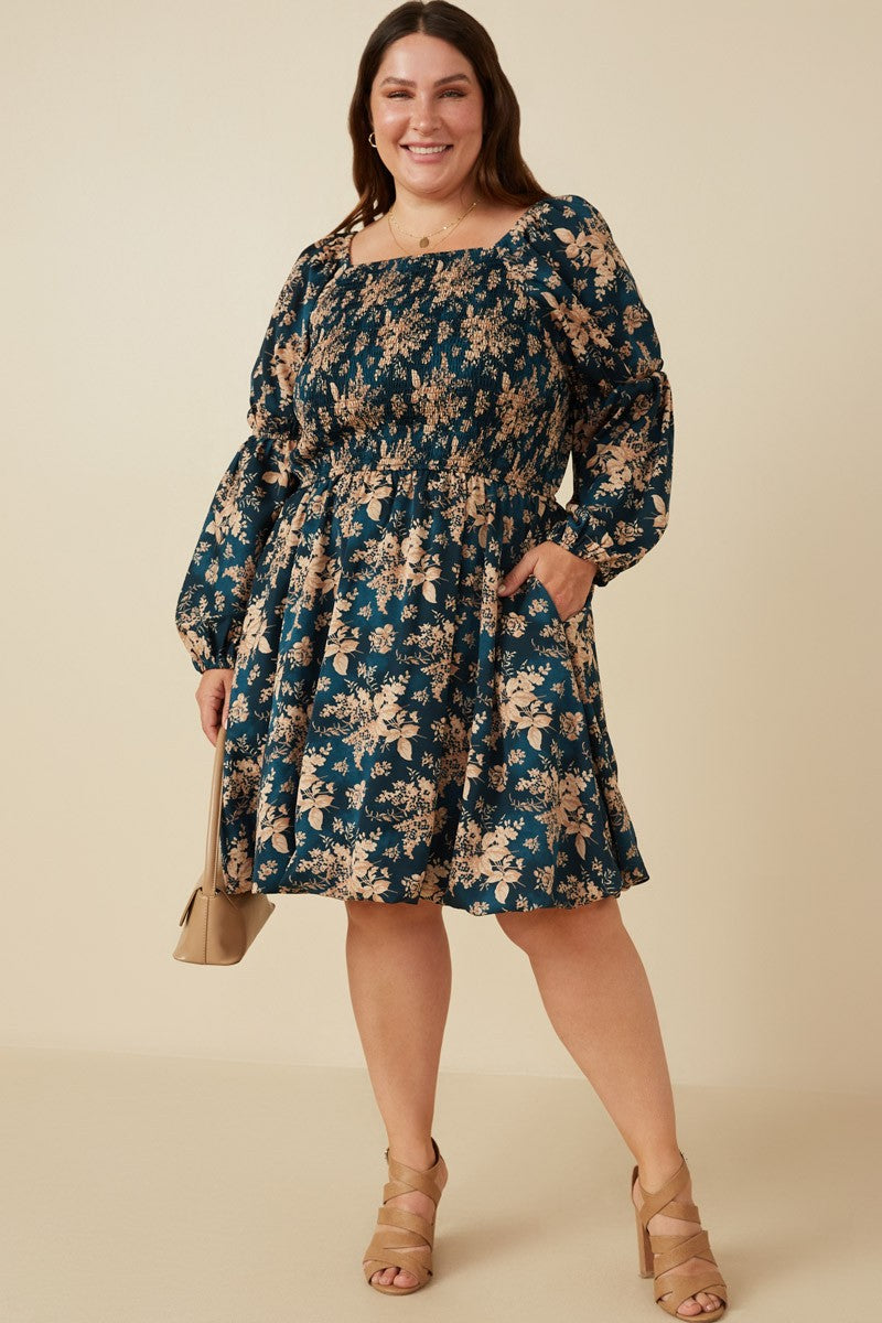 Floral Smocked Bust Square Neck Dress (Plus Size)