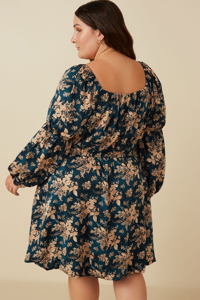 Floral Smocked Bust Square Neck Dress (Plus Size)