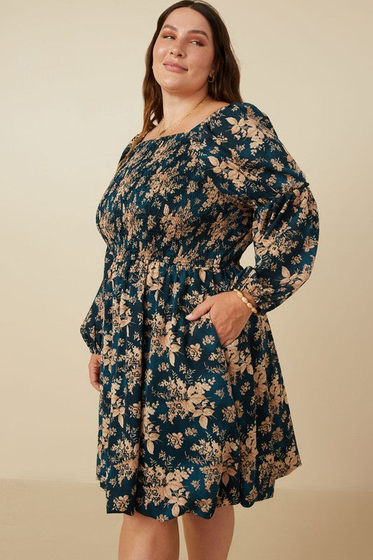 Floral Smocked Bust Square Neck Dress (Plus Size)