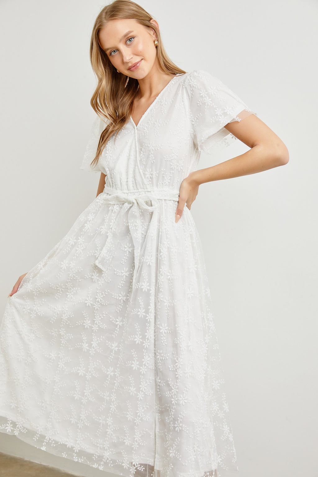 White Floral Embroidery Midi Dress