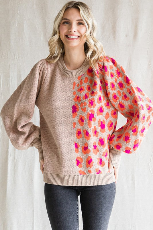 Colorblock Knit Leopard Print Sweater (Plus Size - Taupe)