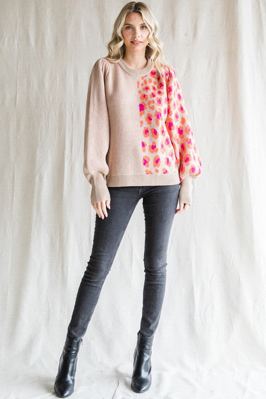 Colorblock Knit Leopard Print Sweater (Plus Size - Taupe)