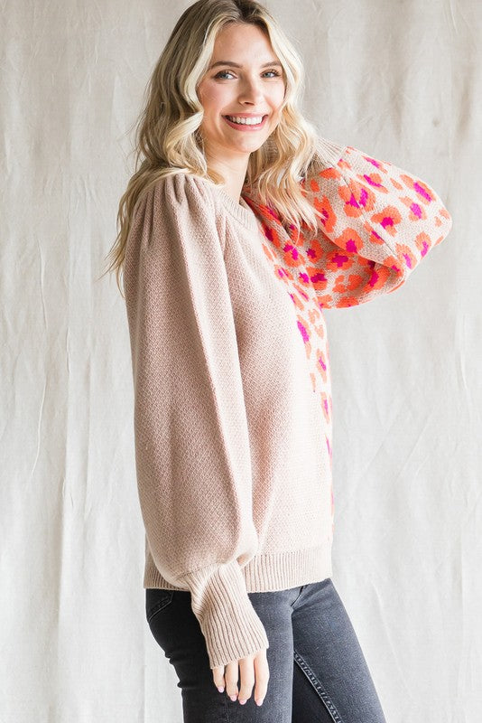 Colorblock Knit Leopard Print Sweater (Plus Size - Taupe)