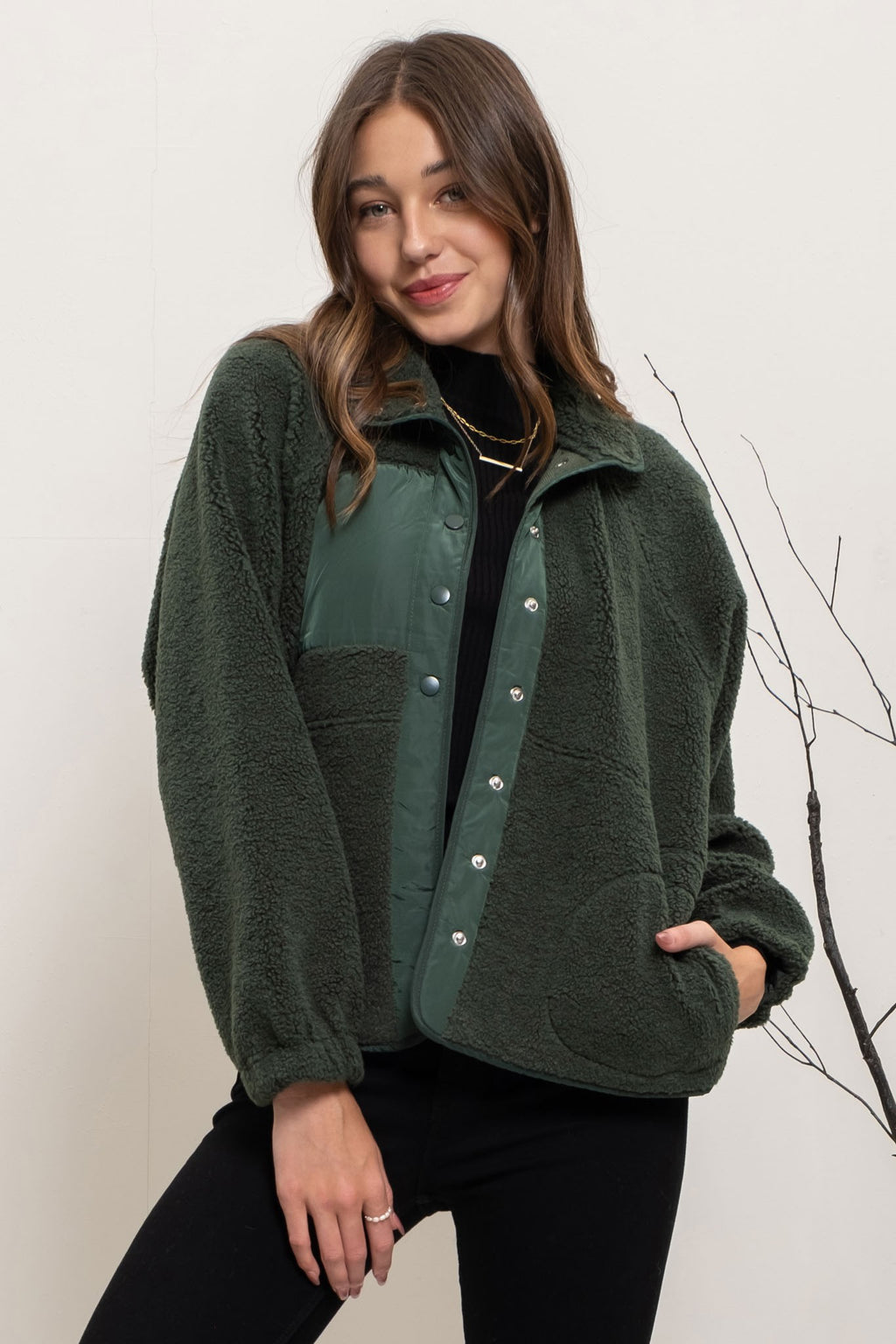 Snap Button Fleece Jacket (Hunter Green)