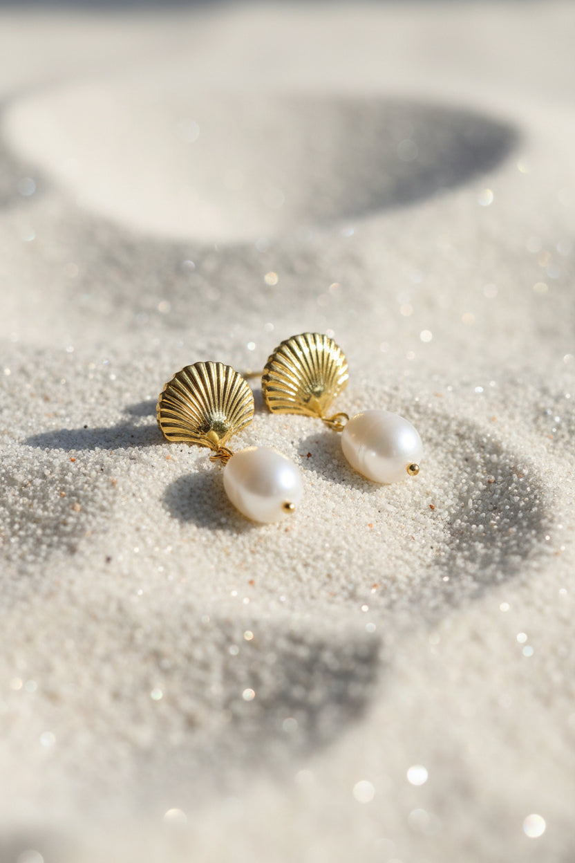 Stainless Steel Textured Seashell Studs w/ Pearl Dangle