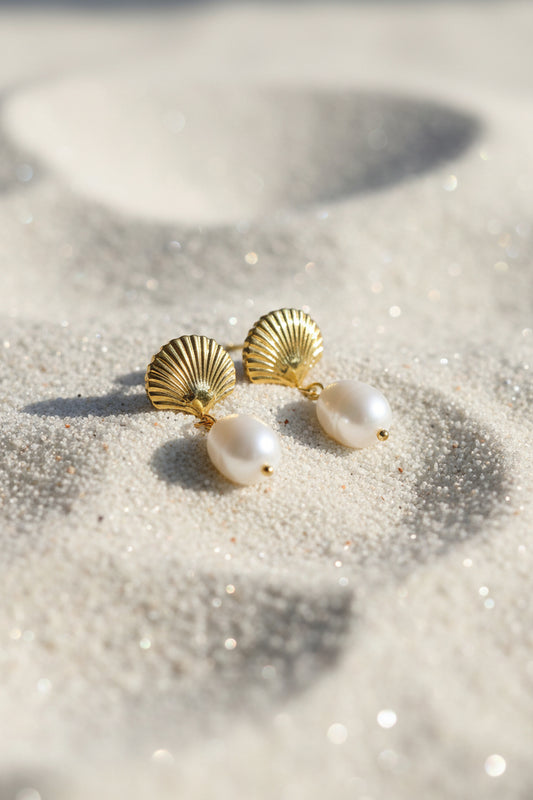 Stainless Steel Textured Seashell Studs w/ Pearl Dangle