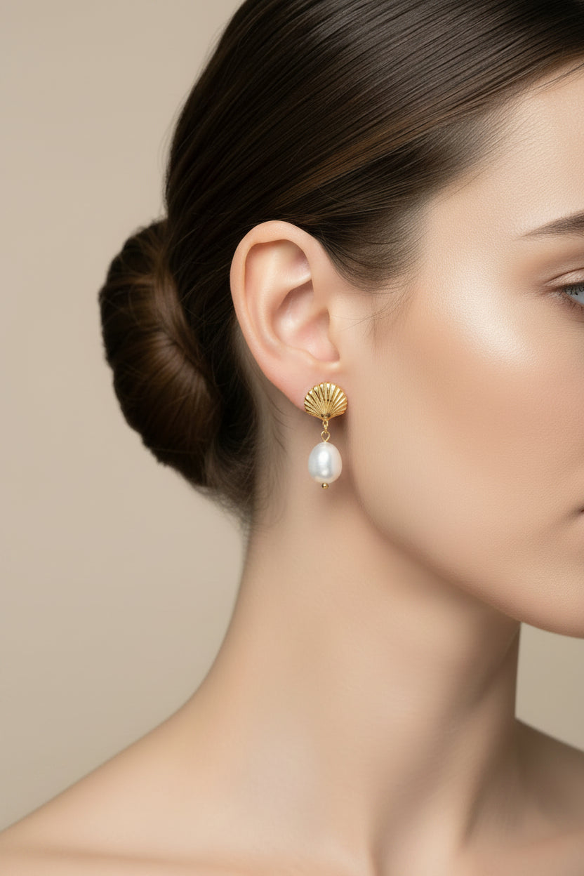 Stainless Steel Textured Seashell Studs w/ Pearl Dangle