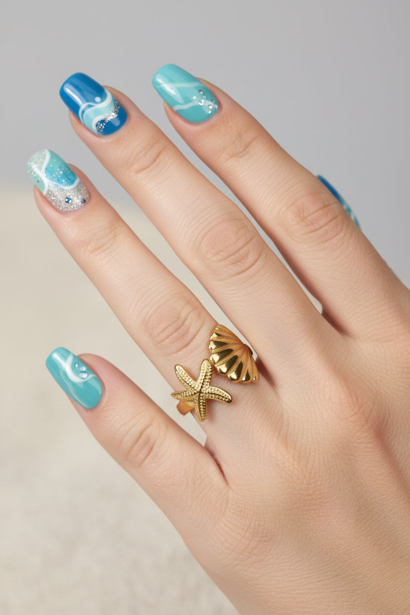 Stainless Steel Shell & Starfish Adjustable Ring