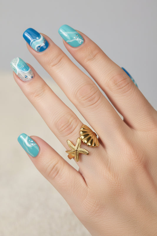 Stainless Steel Shell & Starfish Adjustable Ring