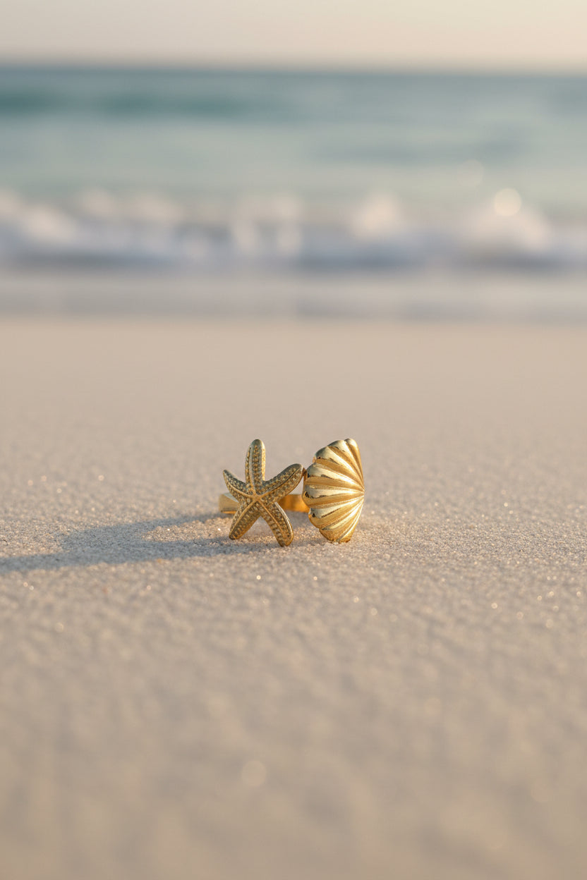 Stainless Steel Shell & Starfish Adjustable Ring