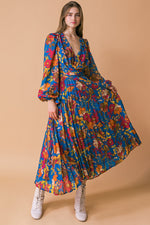 Pleated Floral Print Long Sleeve Dress