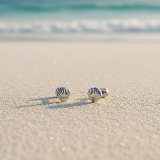 Stainless Steel Tiny Flat Back Seashell Studs (Silver)