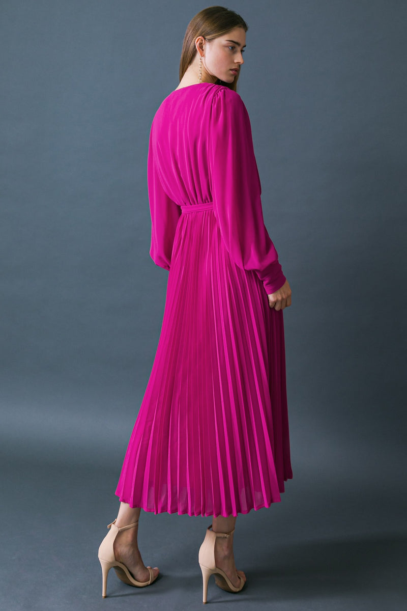 Magenta Long Sleeve Pleated Dress
