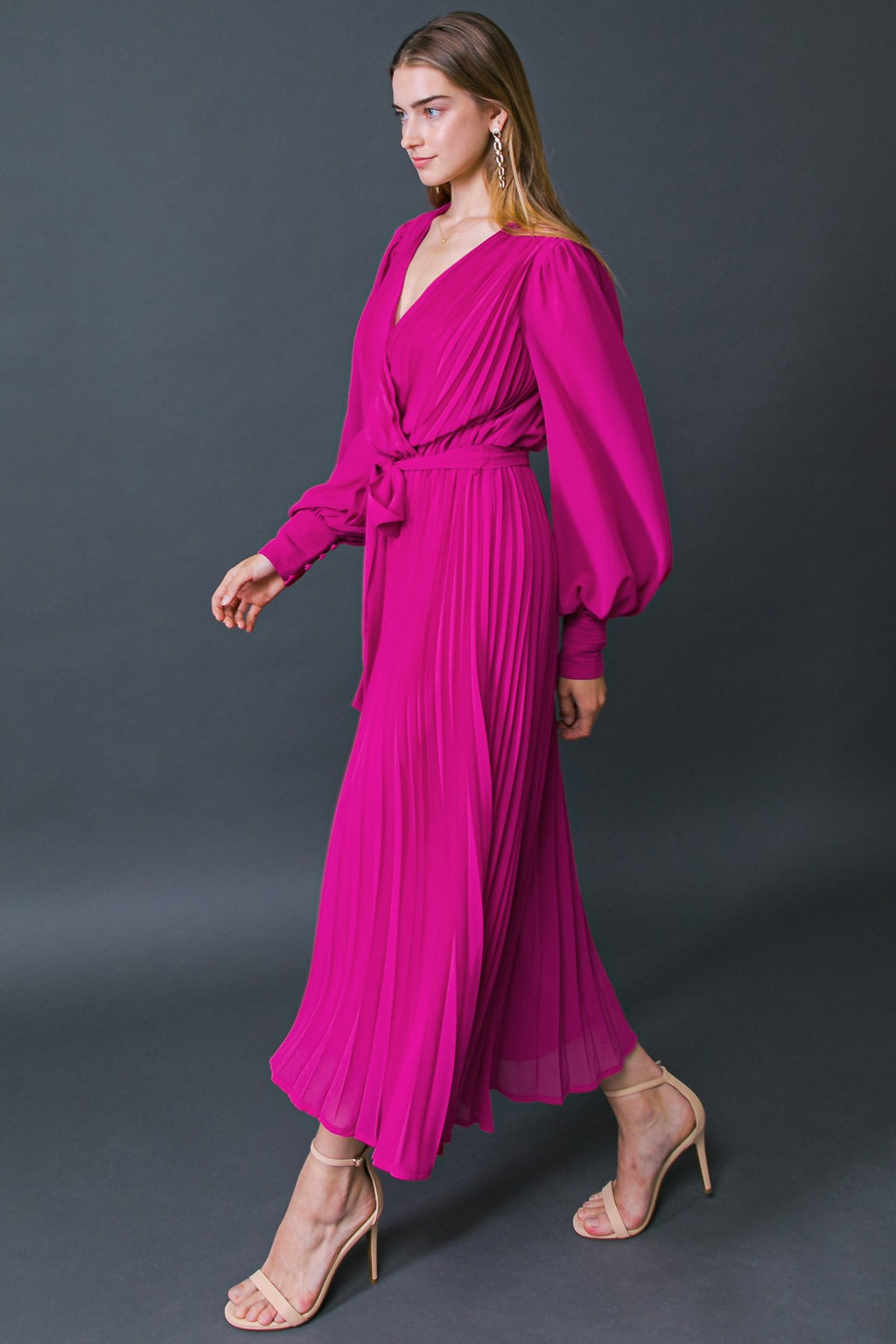 Magenta Long Sleeve Pleated Dress