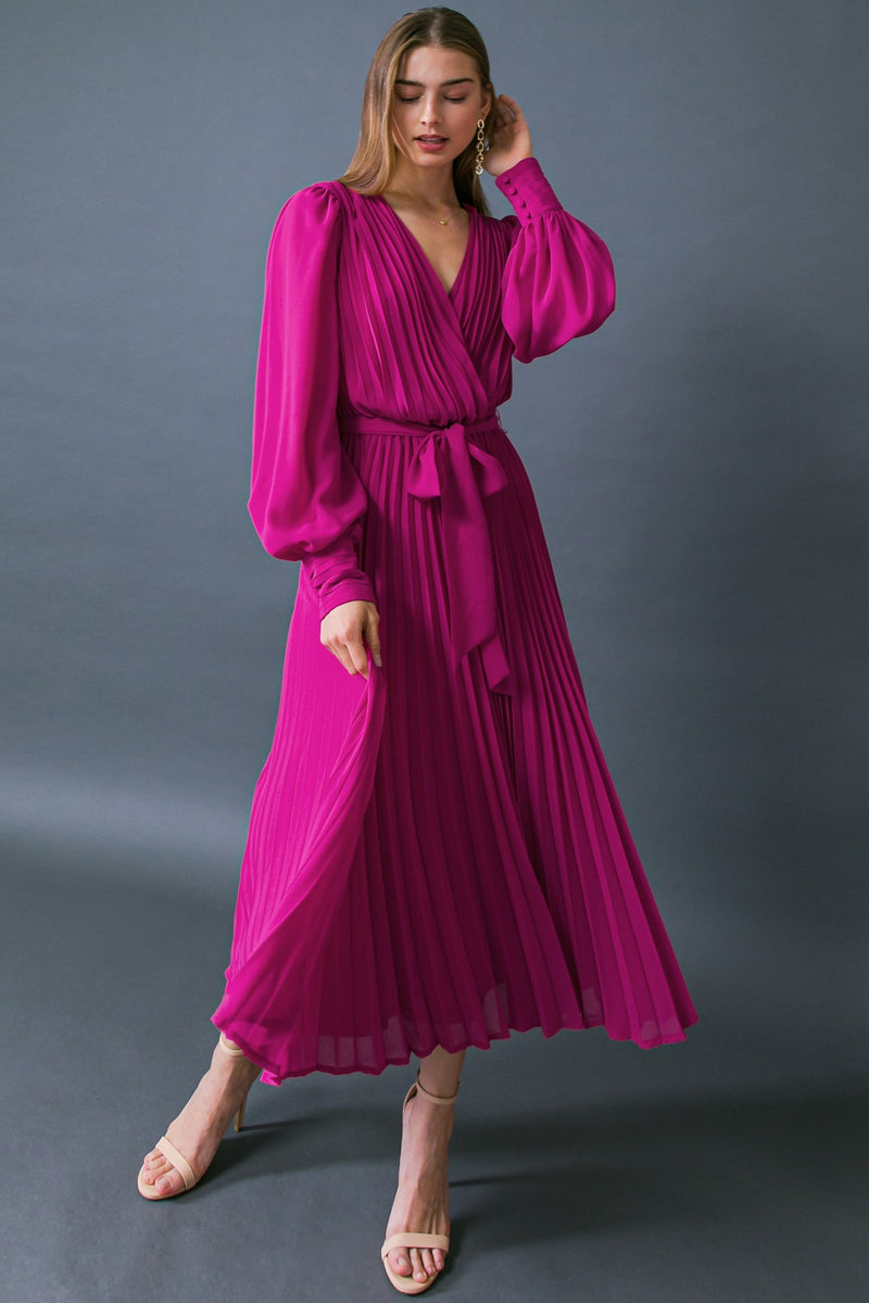 Magenta Long Sleeve Pleated Dress