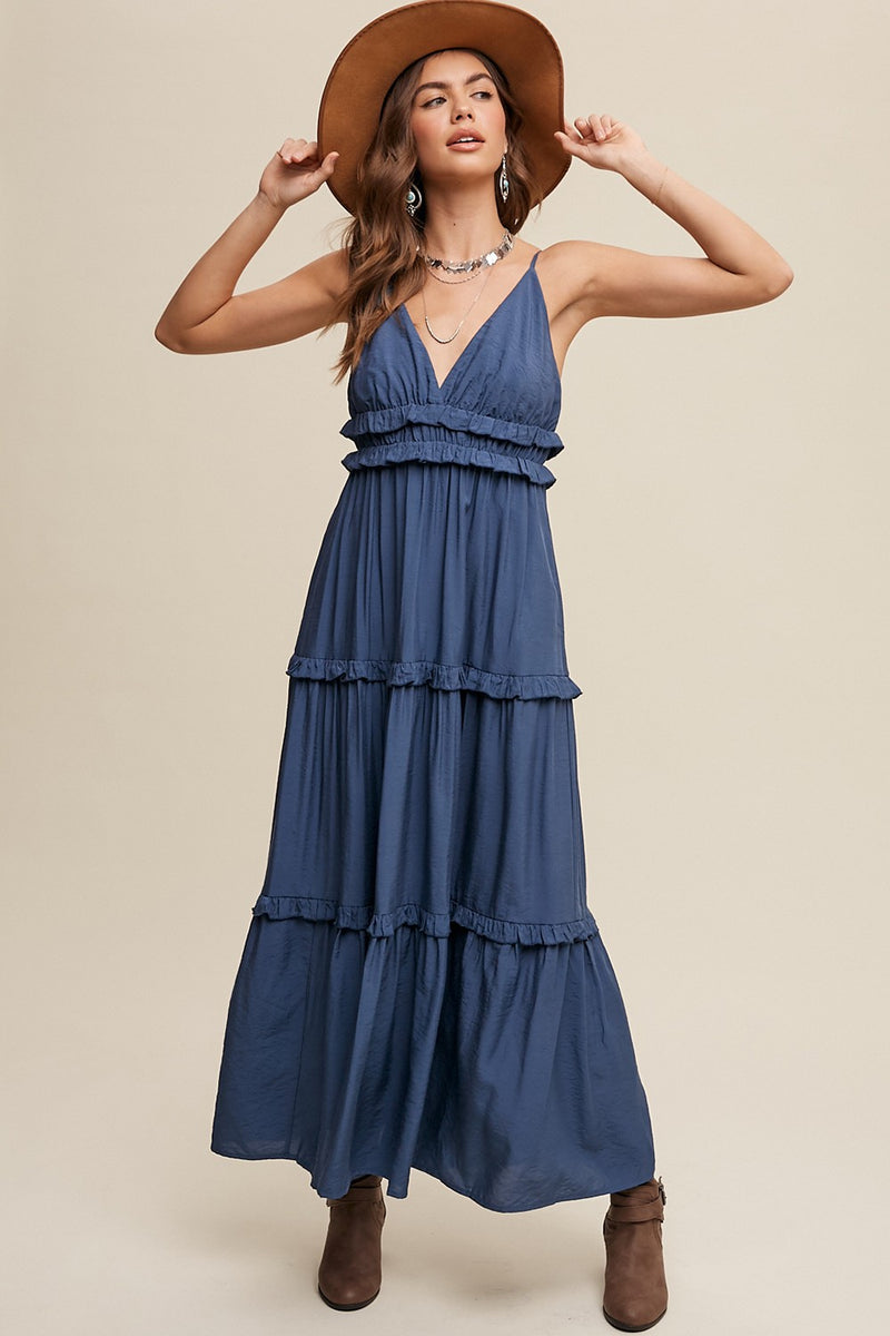 Boho Ruffle V-Neck Maxi Dress (Deep Blue)