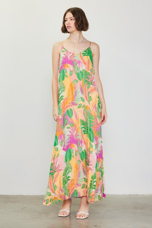 Sleeveless Tropical Print Pleated Maxi Dress