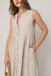 Sleeveless Button Down Striped Maxi Dress (White/Taupe)
