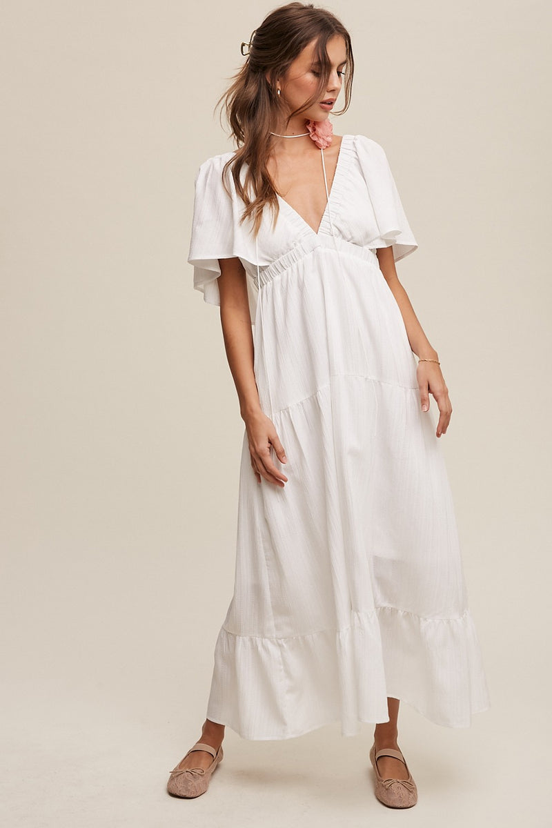 V-Neck Flutter Sleeve Maxi Dress (Cream)