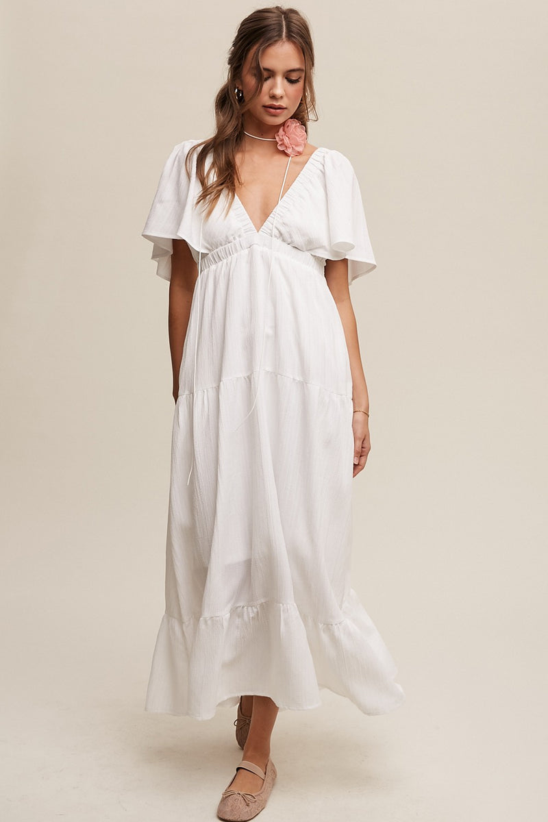 V-Neck Flutter Sleeve Maxi Dress (Cream)