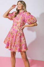 Puff Sleeve Shirt Collar Floral Print Dress