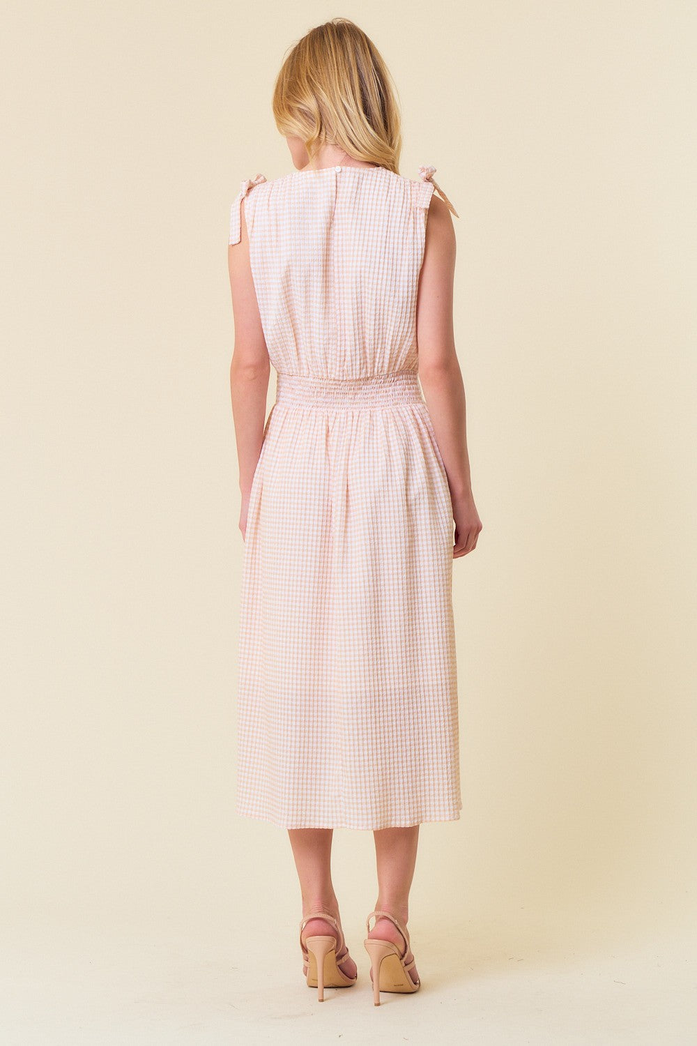 Gingham Plaid Ruched Shoulder Midi Dress