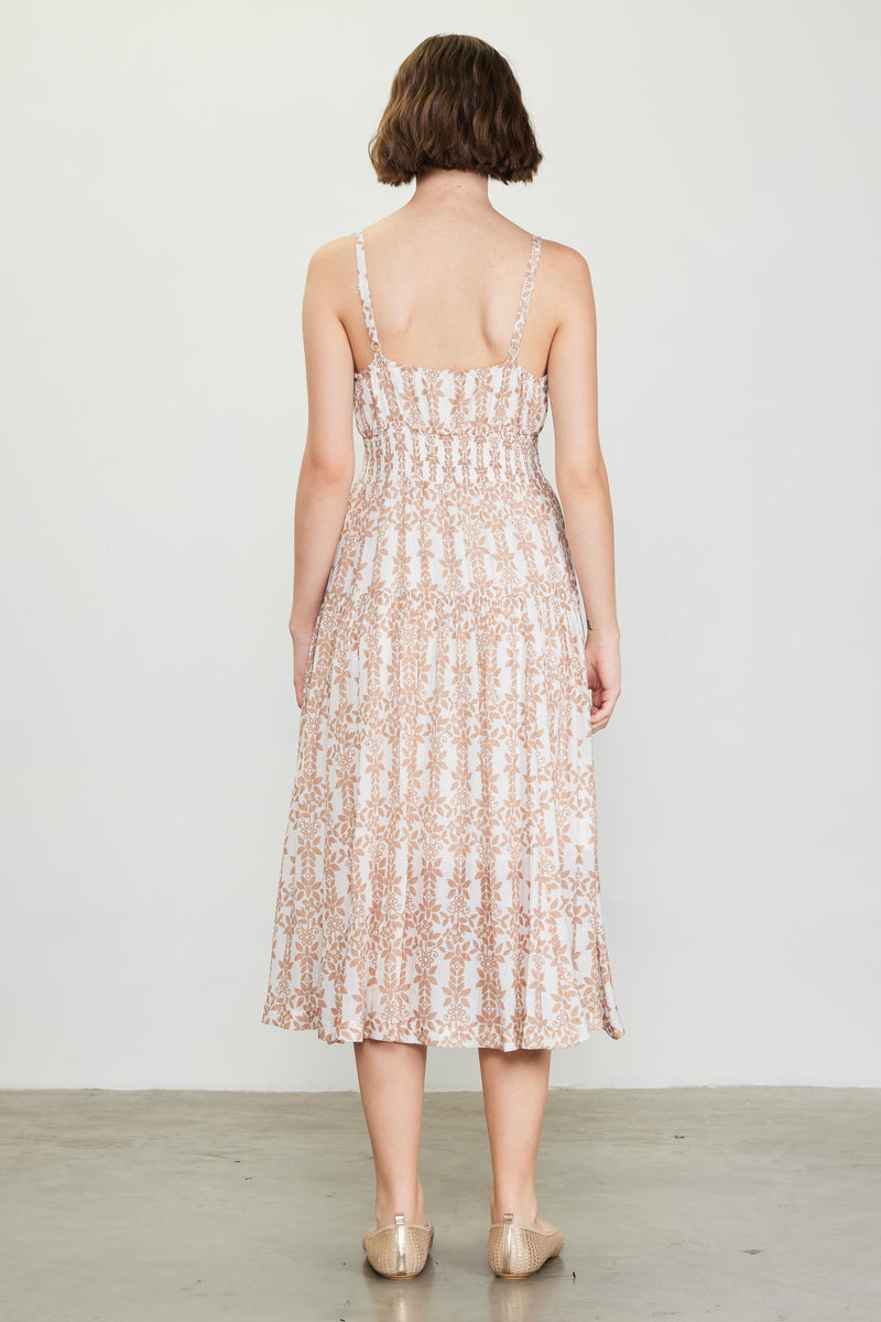 Sleeveless Printed Smocked Waist Dress - Taupe