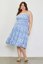 Sleeveless Printed Smocked Waist Dress - Blue (Plus Size)