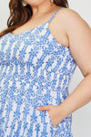 Sleeveless Printed Smocked Waist Dress - Blue (Plus Size)