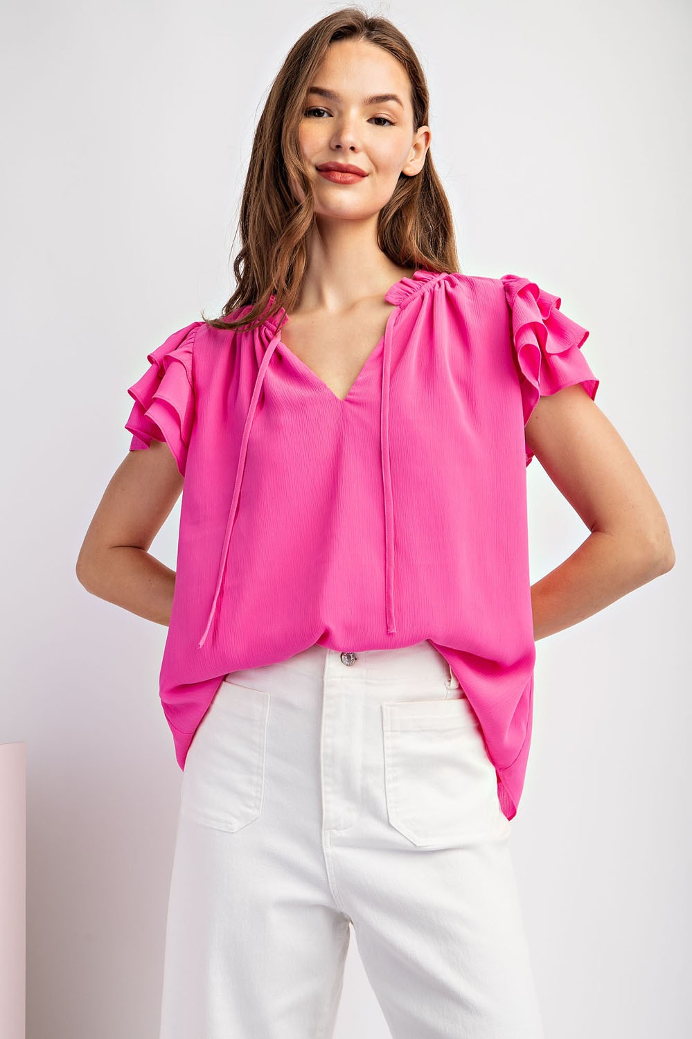 Ruffle Sleeve Top Pink Small